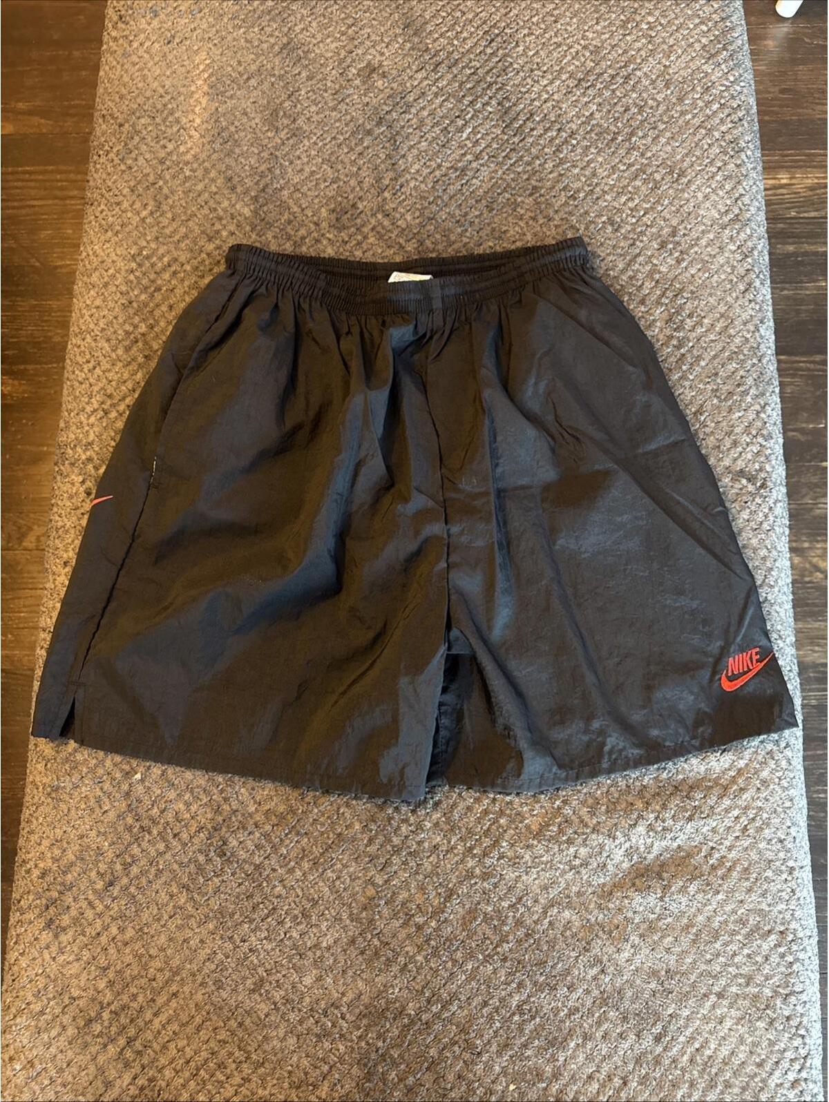 Vintage Nike Lined Swim Shorts Black Red Swoosh Tag 5” Inseam 90s Euc